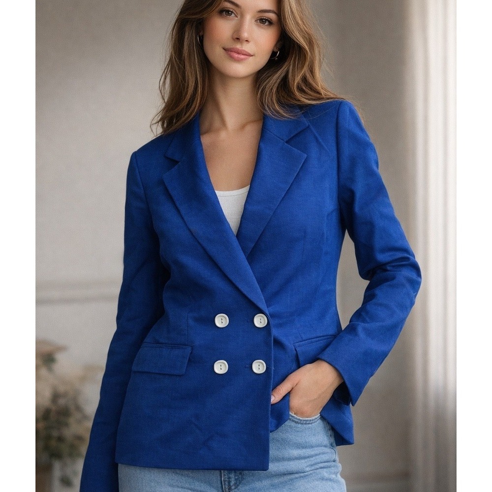 Vintage 70s Blue Double Breasted Blazer 8 Nautical Mod Polyester Jacket RN 47298